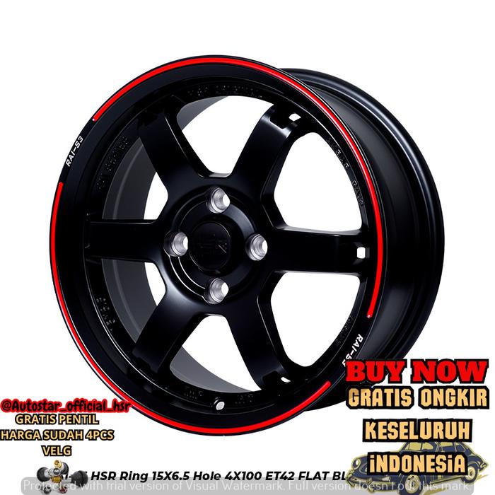 menjual velg mobil racing hsr rai-s3 R15 lubang pcd 4x100 black red lips cocok untuk mobil Avega, i1