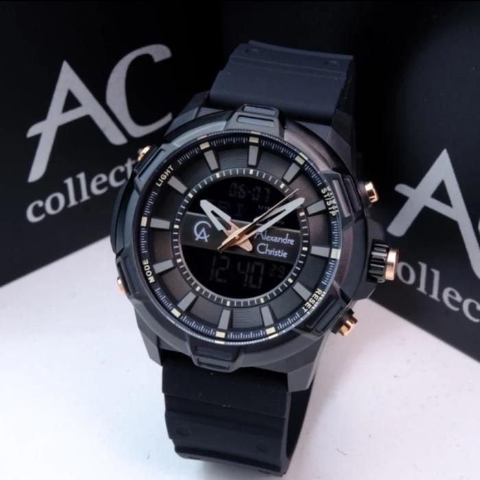 JAM TANGAN PRIA ORIGINAL ALEXANDRE CHRISTIE AC9375MH RUBBER STRAP BLACK LIST ROSEGOLD