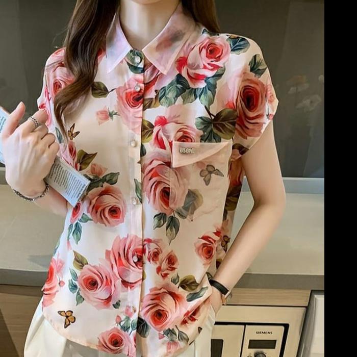 KS 7221 Kemeja atasan ELINA floral Top crepe motif bunga premium lengan pendek baju blouse hem wanit