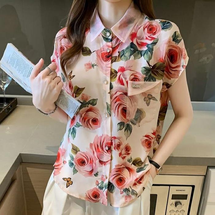 FS 7221 Kemeja atasan ELINA floral Top crepe motif bunga premium lengan pendek baju blouse hem wanit