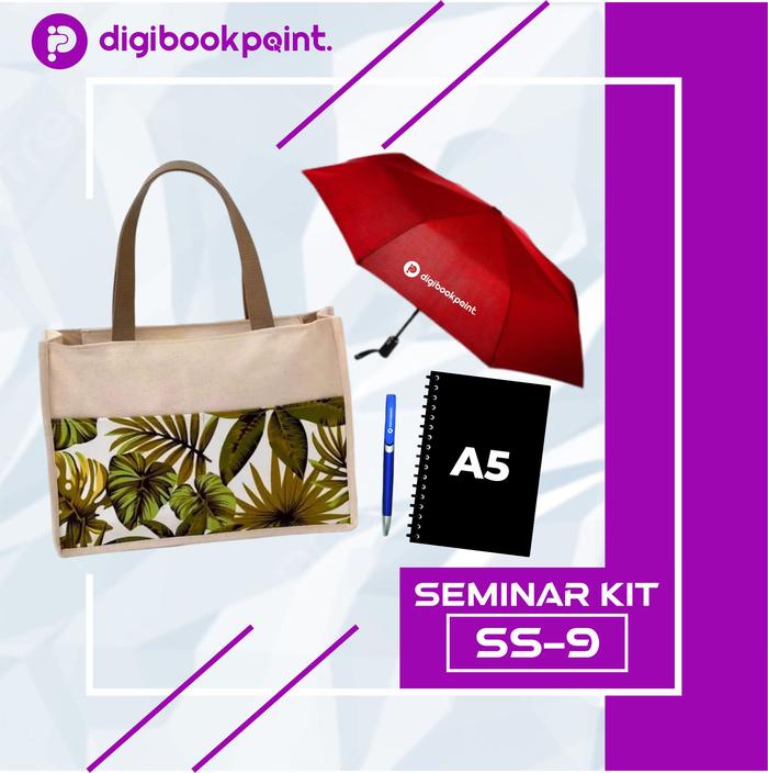 Tas Tote Bag Canvas, Payung Lipat 3, Pulpen, Notebook Hardcover A5 - Paket Seminar Kit Custom - SS 9