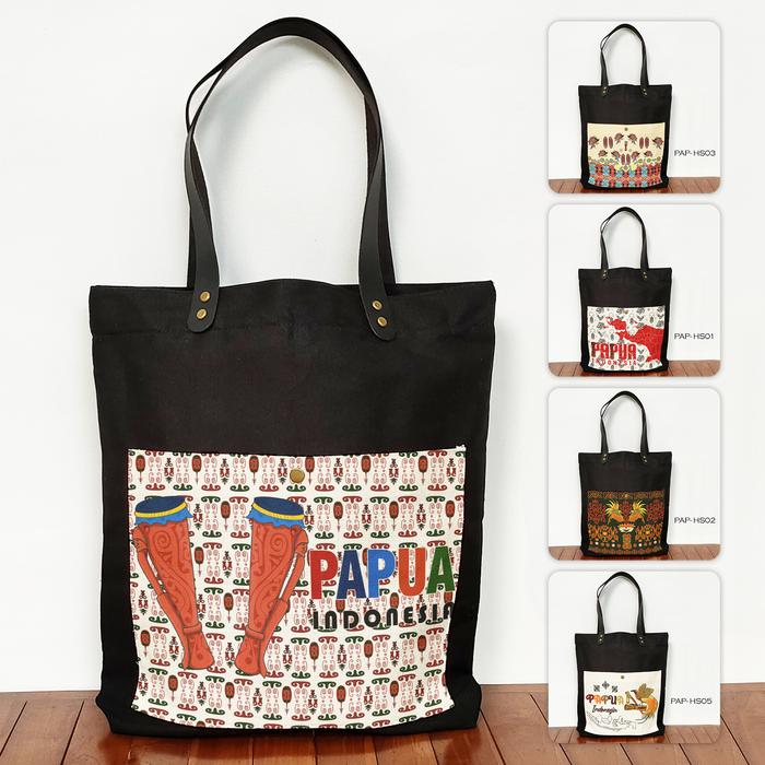 Totebag Canvas Hitam Saku Souvenir Papua Tas Oleh Oleh Papua