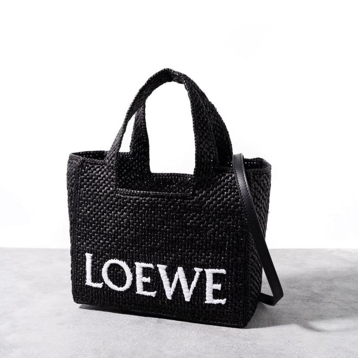 LOEWE Small LOEWE font tote bag in raffia Black