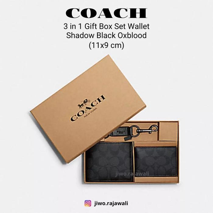Dompet Set Dompet kartu Keyfob COACH 3 IN 1 GIFT BOX SET WALLET SHADOW BLACK OXBLOOD Signature Hitam