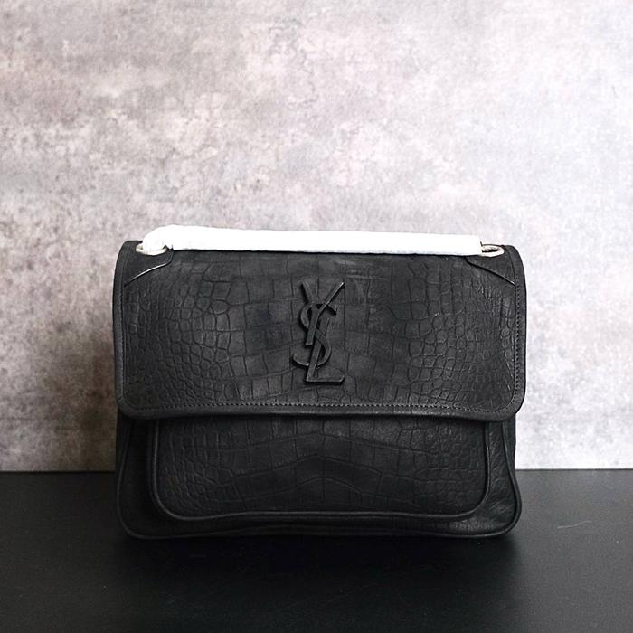 SAINT LAURENT / YSL NIKI CROCO EMBOSSED MEDIUM MATTE NUBUCK LEATHER IN BLACK VINTAGE HARDWARE RHW