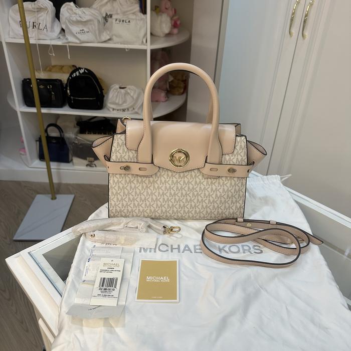 Michael Kors MK Carmen Saffiano Leather Belted Satchel Pink Shoulder Bag Preloved