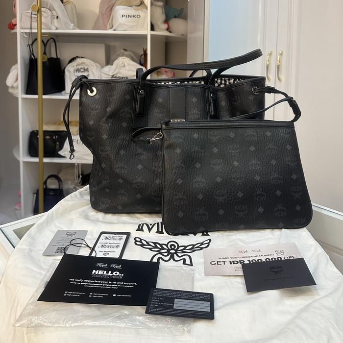 MCM Authentic Liz Reversible Large Tote Bag Black With Pochette Clutch Branded Preloved