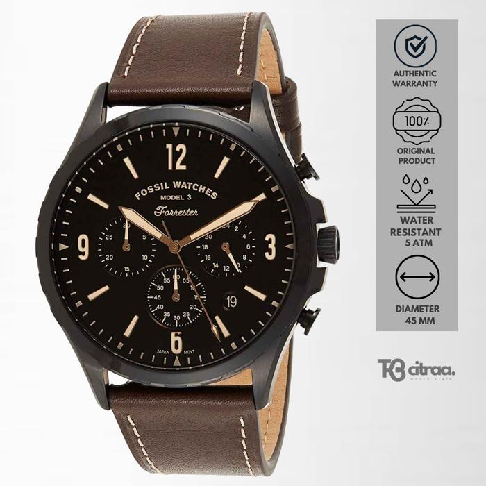 Jam Tangan Pria Fossil Forrester Chronograph Kulit Brown Mewah Casual Original FS5608