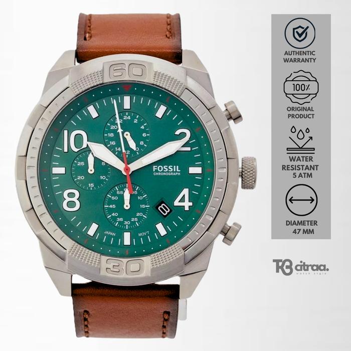Jam Tangan Pria Fossil Bronson Chronograph Kulit Brown Dial Green Sporty Casual Original FS5738