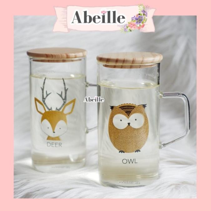 GELAS KACA DEER OWL COUPLE PASANGAN TUTUP KAYU CANTIK