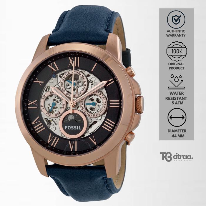 Jam Tangan Pria Fossil Grant Automatic Chronograph Kulit Navy Blue Casual Sporty Original ME3029