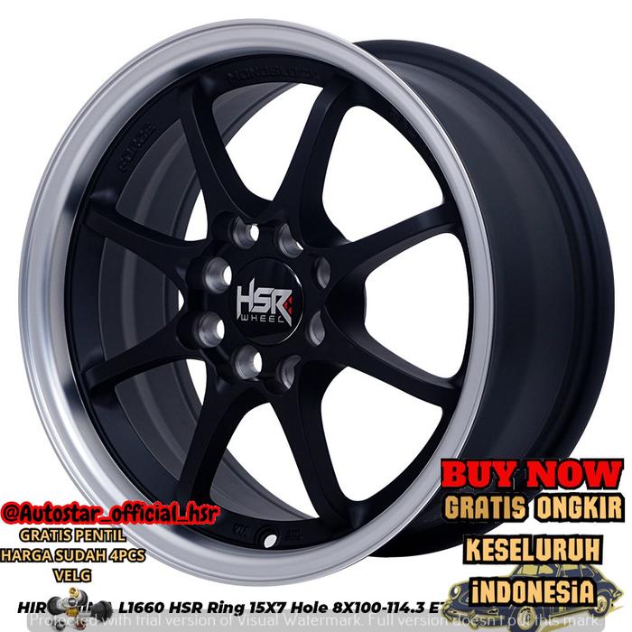 jual velg mobil racing hsr hiroshima r15 pcd 4x100-4x114,3 black lips cocok untuk mobil Agya, Altis,