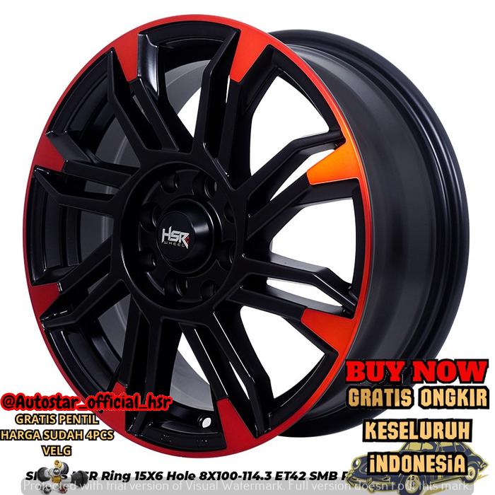 jual velg mobil racing hsr sirius pcd 4x100-4x114,3 black red lips cocok untuk mobil Cefiro, Evalia