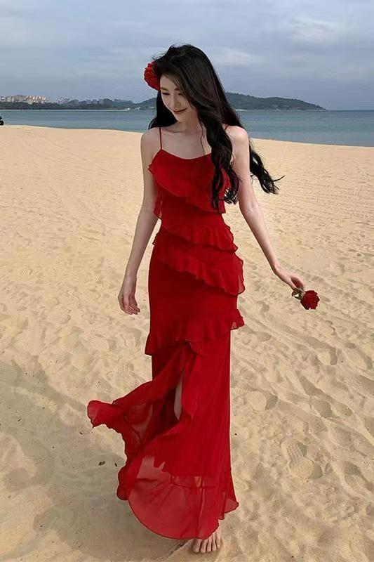 YUVI wine red long dress woman premium / dress maxi wanita / dress pesta wanita / korean summer dres
