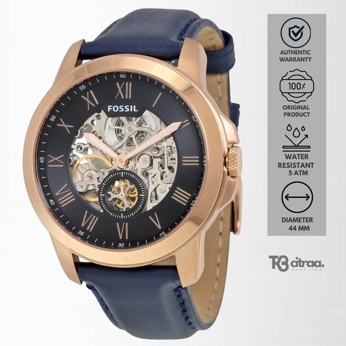 Jam Tangan Fossil Grant Automatic Pria Kulit Navy Blue Casual Sporty Original ME3054