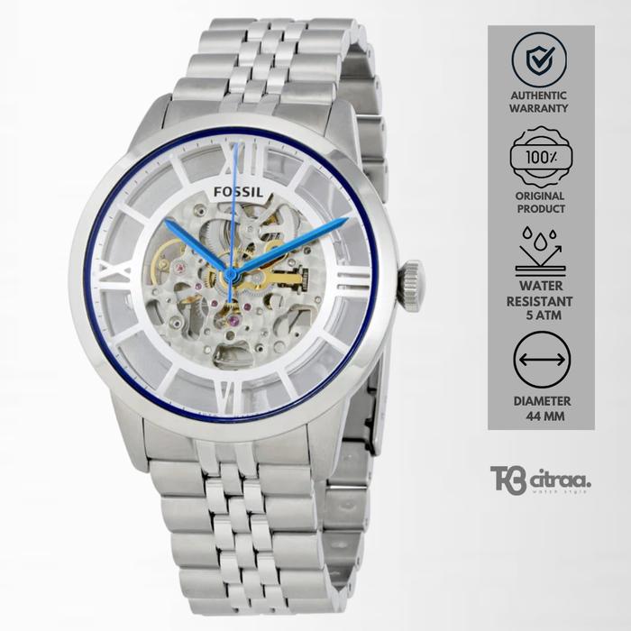 Jam Tangan Fossil Automatic Pria Townsman Silver Stainless Steel Mewah Original ME3044