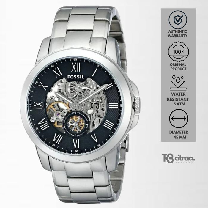Jam Tangan Fossil Grant Automatic Pria Silver Stainless Steel Mewah Original ME3055