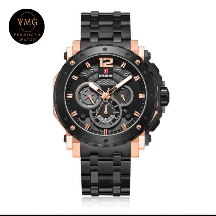 Jam Tangan Pria Analog Expedition E 6402B / E6402B Black Rosegold Original Garansi Resmi