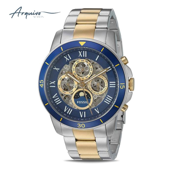 Jam Tangan Pria Fossil Grant Automatic Chronograph Silver Gold Stainless Steel Mewah Sporty Original