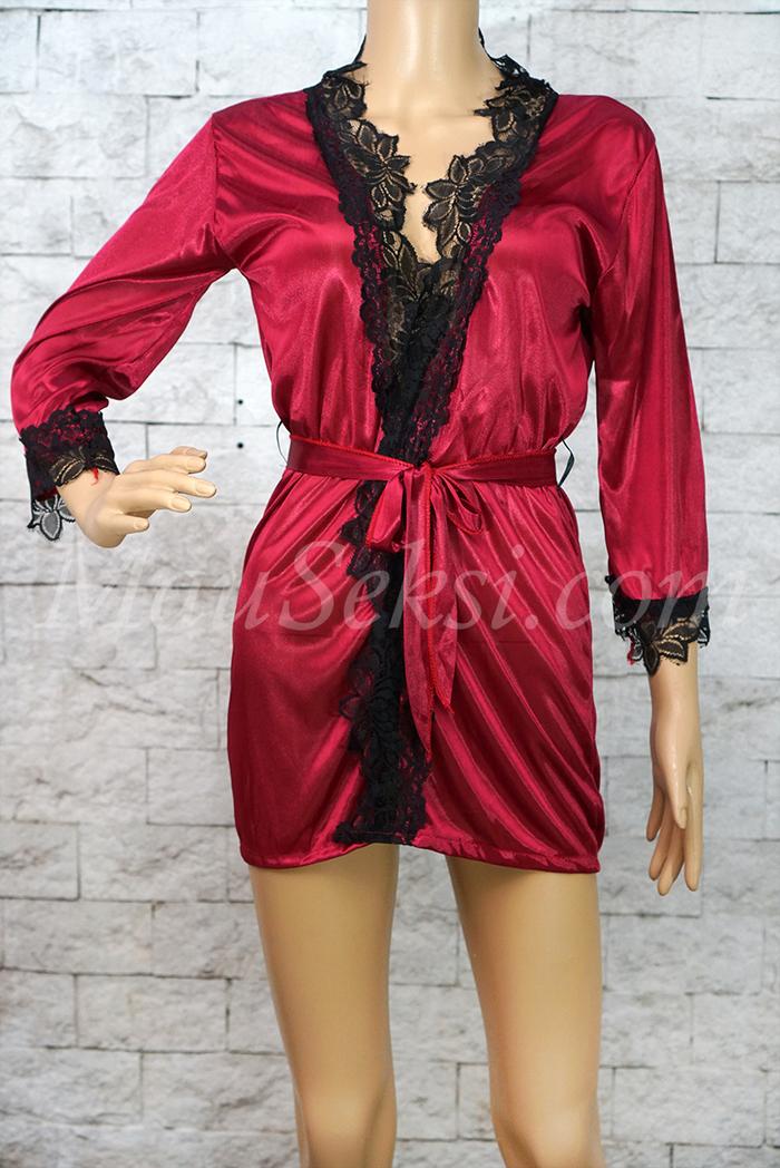 Dita Sexy Lingerie Kimono Lace Bathrobe + G String Maroon Red Merah
