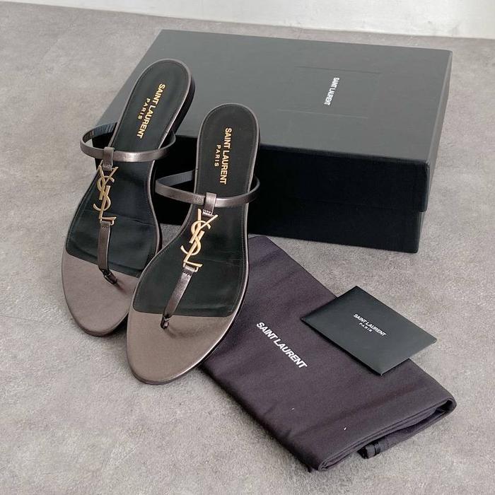 YSL Saint Laurent Cassandra Slide Sandal Metallic Leather Light Bronze