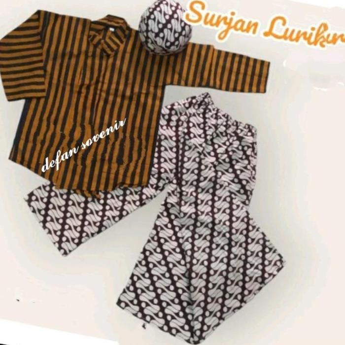 baju surjan anak/baju lurik+bawahan celana rok jarik putih+blangkon