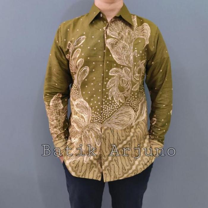 Hematku Kemeja Baju Batik Pria Lapis Furing Ekslusive Lengan Panjang Anggrek Hijau Lumut Ijo