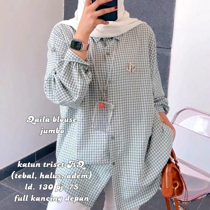 Kemeja wanita super jumbo bhn katun triset HQ ld 130 pj 75