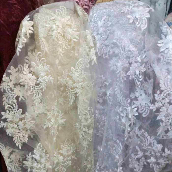 MURAH!!! kain tile brokat meteran PUTIH BERSIH CREAM halus tebal full bordir cantik mewah -50cm