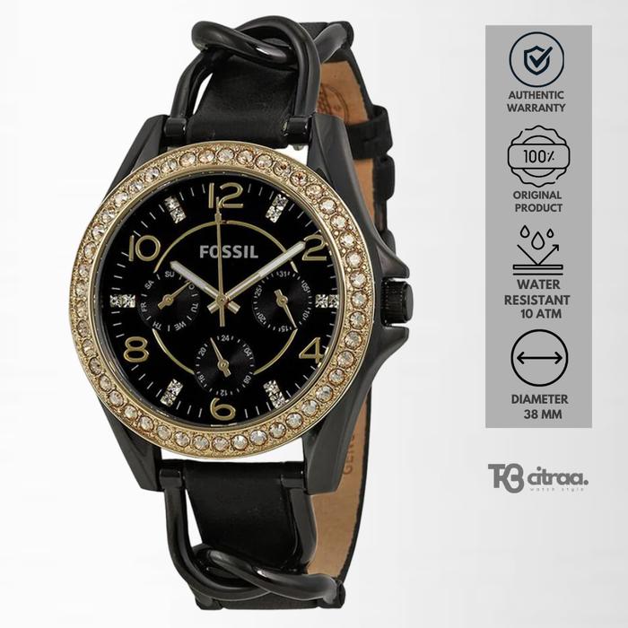 Jam Tangan Wanita Fossil Riley Chronograph Kulit Black Mewah Casual Original ES3696