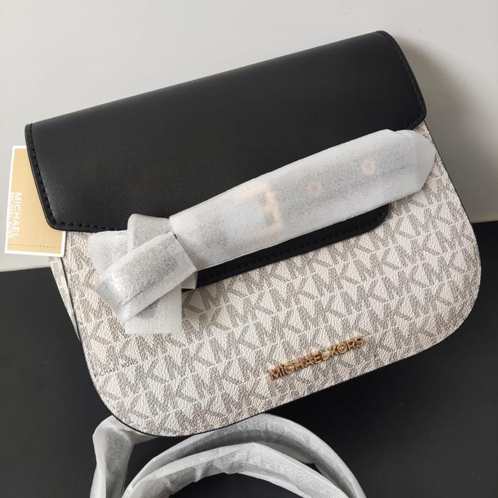 mk emilia small flap saddle crossbody monogram vanilla black