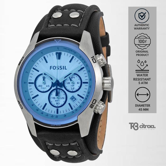 Jam Tangan Pria Fossil Coachman Chronograph Kulit Black Dial Blue Casual Sporty Original CH2564