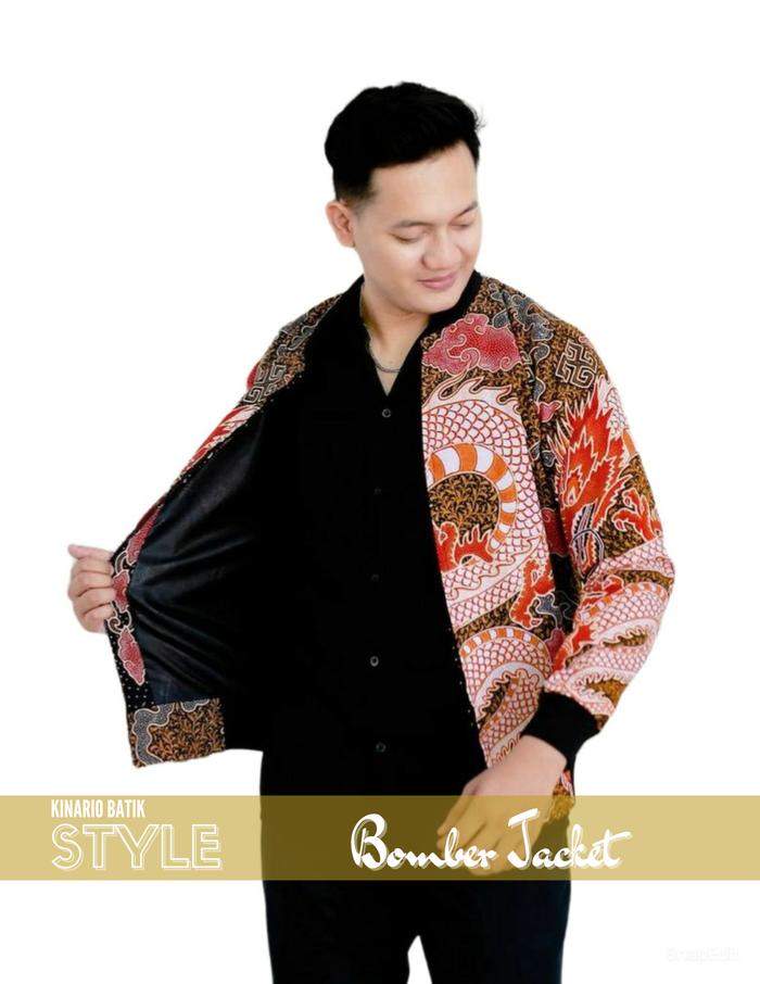 Jaket batik pria Kinario jaket bomber batik kombinasi Naga Agnila slim casual sporty