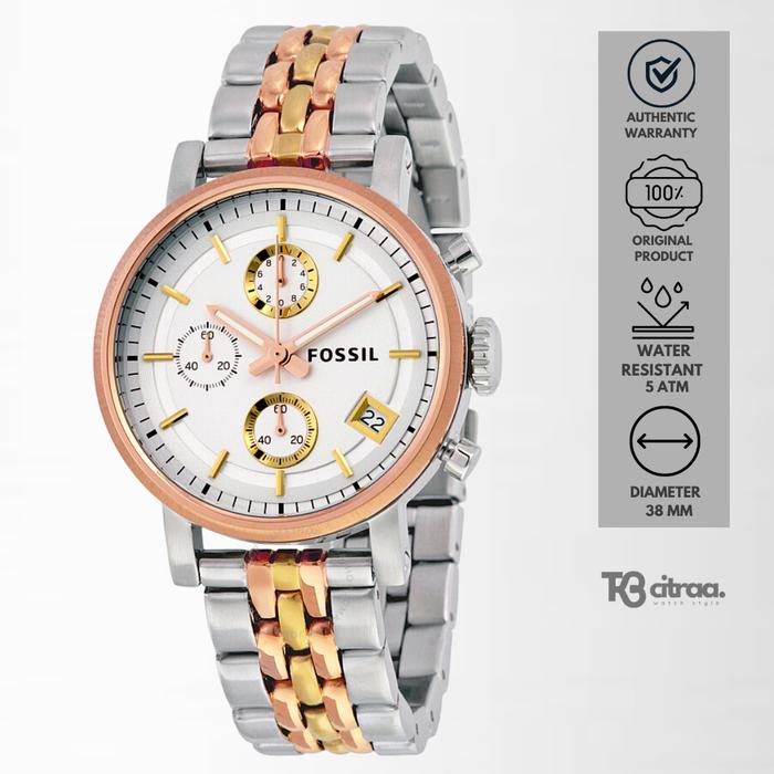 Jam Tangan Wanita Fossil Chronograph Silver Rosegold Stainless Steel Mewah Original ES3840