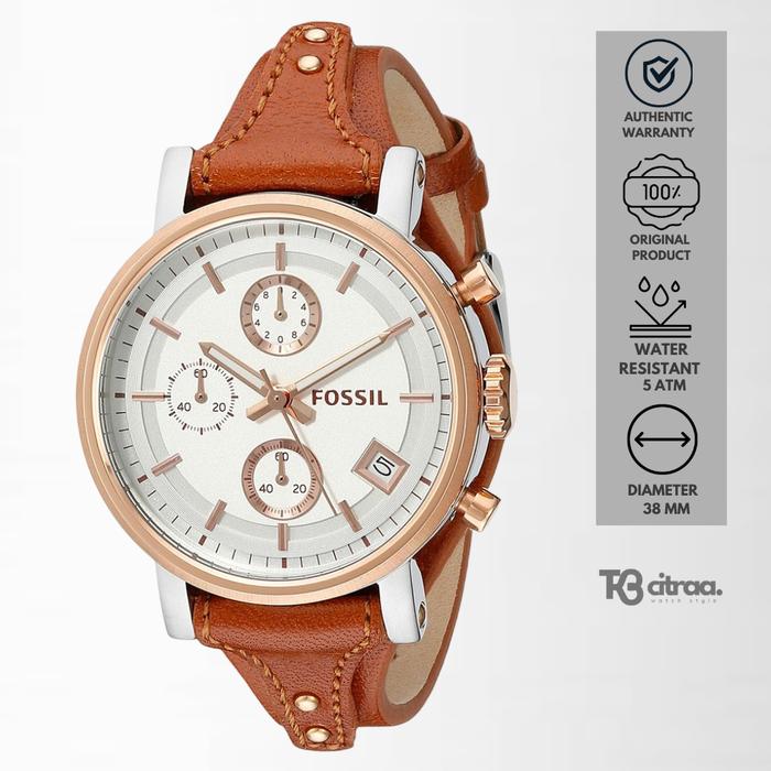 Jam Tangan Wanita Fossil Analog Boyfriend Chronograph Kulit Casual Original ES3837