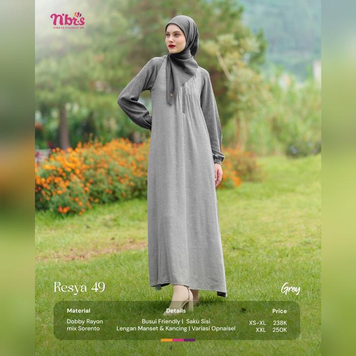 Gamis Nibras Terbaru Resya 49 Warna Grey Abu Muda Dress Cantik Busui Branded Syari Ori