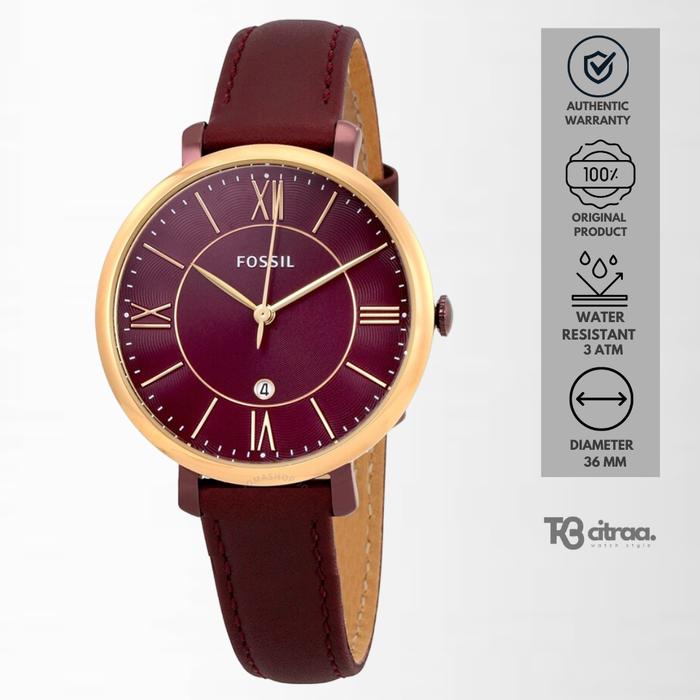 Jam Tangan Wanita Fossil Jacqueline Kulit Wine Slim Casual Original ES4099