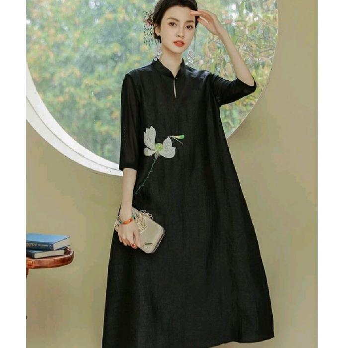 SB Daily Classy Stylish Dress for Women Summer Autumn New Mandarin Style Informal Clothes Gaun Orien