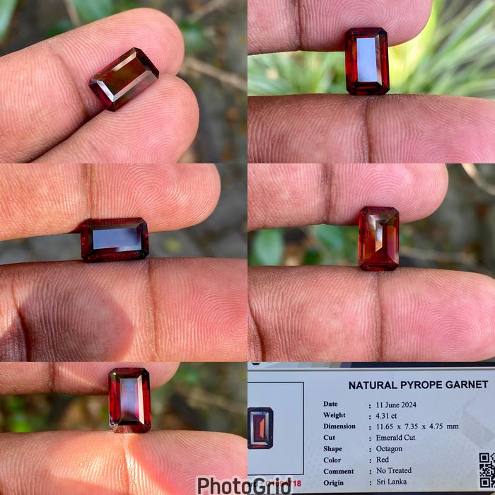 Natural Pyrope Garnet Srilanka Batu Red garnet Batu Pyrope Garnet Srilangka CT 4.31 Dim 11.65x7.35x4