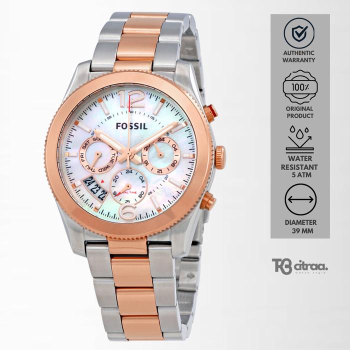 Jam Tangan Wanita Fossil Perfect Boyfriend Chronograph Silver Rosegold Stainless Steel Mewah Casual