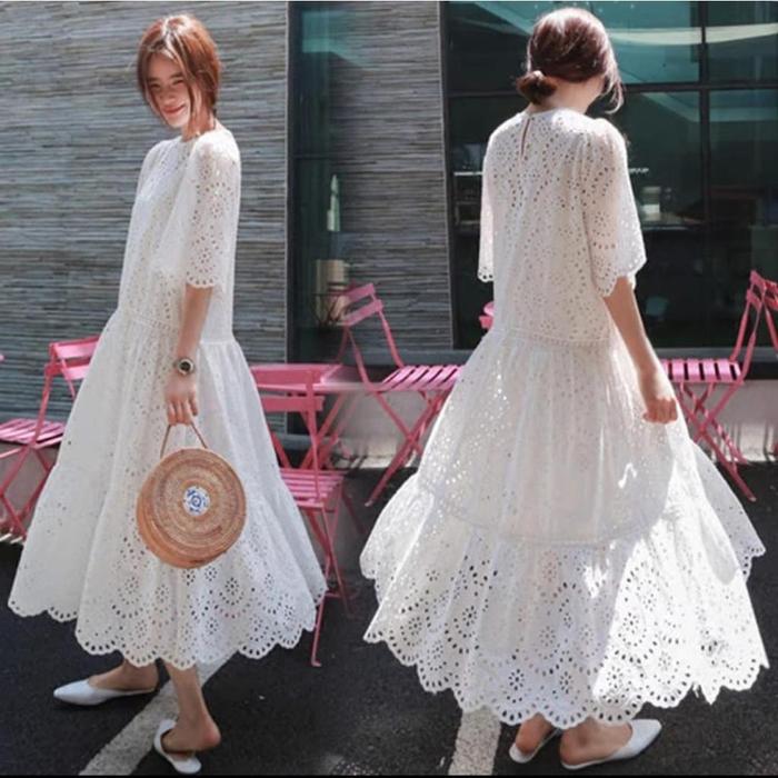 NIA EMBROIDERED LACE MAXI DRES KATBOL PREMIUM DRES KOREA KOREAN FASHION DRESS PUTIH VINTAGE BOHEMIAN