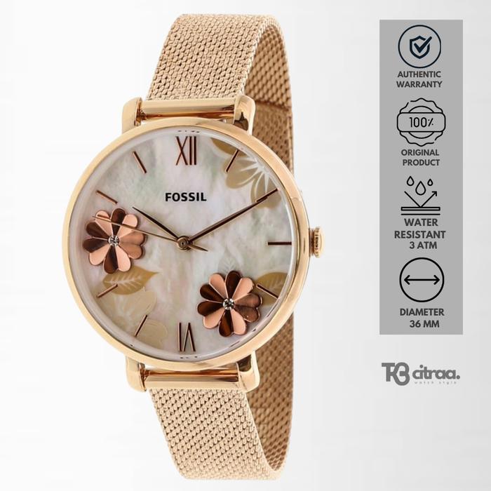 Jam Tangan Wanita Fossil Jacqueline Rose Gold Stainless Steel Floral Dial Mewah Casual Original ES45
