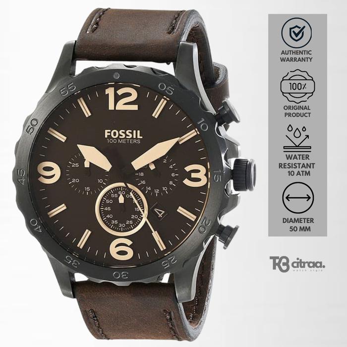 Jam Tangan Pria Fossil Nate Chronograph Kulit Brown Sporty Casual Original JR1487