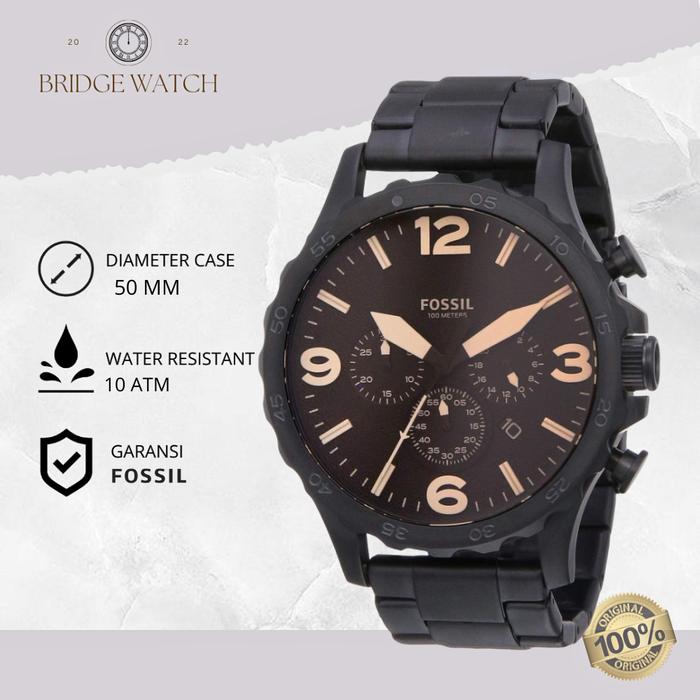 Jam Tangan Pria Fossil Nate JR1356 Analog Rantai Chronograph Black Stainless Steel Strap Sporty Mewa