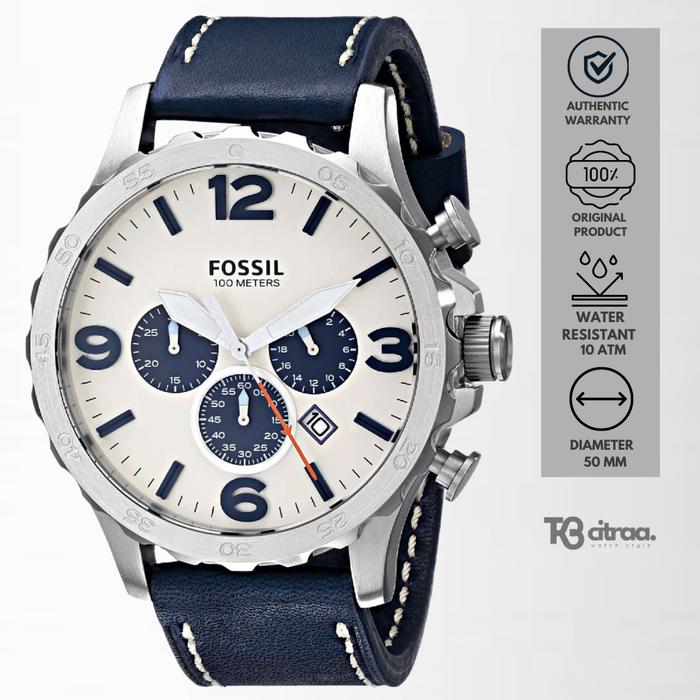 Jam Tangan Pria Fossil Nate Chronograph Kulit Navy Blue Sporty Casual Original JR1480