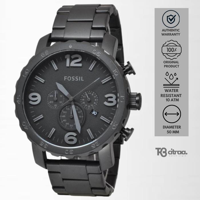 Jam Tangan Pria Fossil Nate Chronograph Black Stainless Steel Sporty Mewah Original JR1401