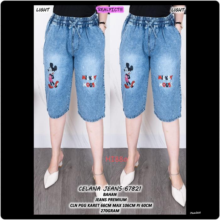 HI880 Celana Wanita Jeans denim 3/4 pinggang full karet lpmax 106cm pj60cm Saku Celana Santai Karet 