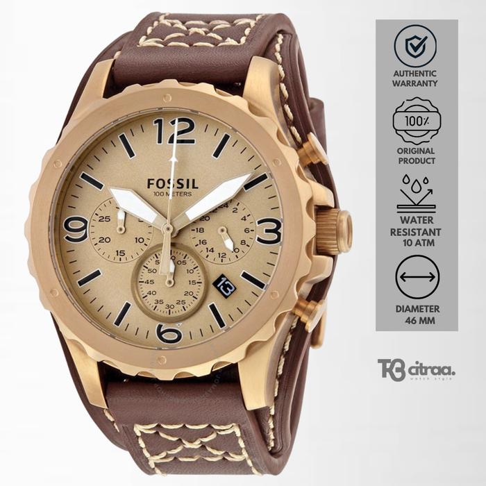 Jam Tangan Pria Fossil Nate Chronograph Kulit Brown Sporty Casual Original JR1495