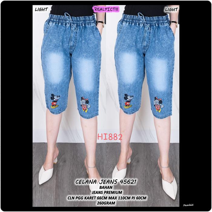 HI882 Celana Wanita Jeans denim 3/4 pinggang full karet lpmax 110cm pj60cm Saku Celana Santai Karet 