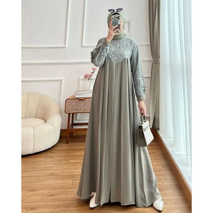 Gamis Kondangan Terbaru Brukat Jumbo Ld 120 Dress Ceruty Babydoll Mix Brokat Mewah Elegan Baju Gamis